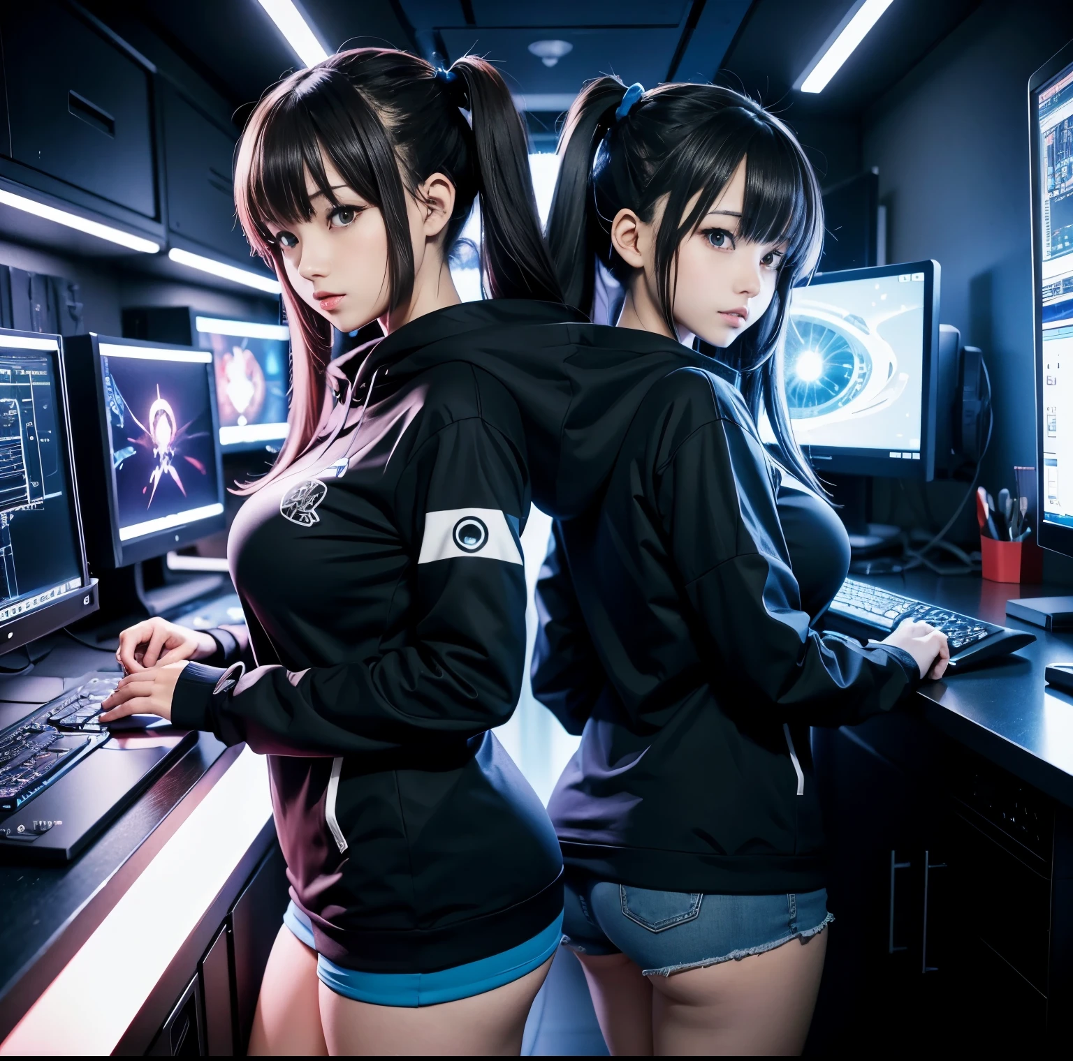 anime hacker girl dressed in black and blue standing in a hacker room, with 4k anime style computers, anime portrait of space cadet girl, moe anime art style of (big breasts), breasts, fascinating thighs, anime style. 8k, stylized anime, cyberpunk anime girl with hoodie, best konachan 4k anime wallpaper, stylized anime, unknown art style, 3d anime style, 2d illustration