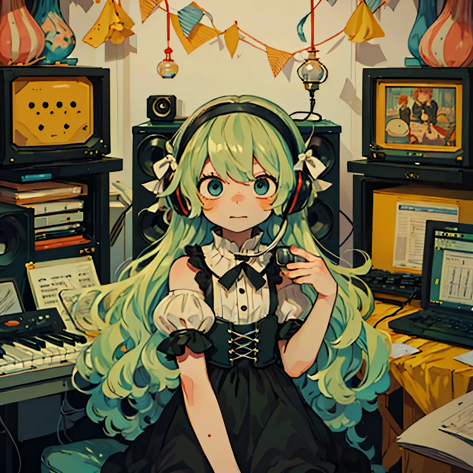 Seiyuu, (Hatsune Miku, Light green hair, Very long hair, Double tail, Water color nails, Aqua green tie:1.2), Shoulder tattoo, (Grant Wood, american Gothic:1.2), 1 Girl, Solitary, (portrait), Smile, Shut up, (Aqua eyes, looking at objects, Look away), Lips, (Spoken Notes), (Final Fantasy Strategy:1.2), (Inside the recording studio:1.2), earphone, (Lanyard), technology, Fruity Aviation, (Kurg, Kurg triton, He said, Kurg m1, yamaha dx7, Synthesizer, Digital audio, Waveform audio, Riff, Graphic Equalizer, Piano Roll, Digital tunneling microscope, Top 10 Free vst Plugins Download Now:1.2), Mount the inside, (indoors:1.1), phonograph, cymbals, rack子鼓, 麦克风支rack, 乐谱rack, Classical music, Inside the amphitheater, (Speaker System, Subwoofer), (Mainframe Computer, **rack, Synthesizer rack, **rack, modular Synthesizer, moog, Buchla, serge), Black clothes, baby doll, underwear, Lace trim, Lace, Buttons, Collared dress, (Whalebone Corset), Victorian Clothing, Contemporary clothing, Gothic, (Negative Space:1.15), garter belt, Garter, belt buckle, belt, (Headband, White Ribbon:1.2), (lamp, 顶lamp, lamp泡, Decorations), (blush stickers, blush), (Comfort:1.2), (***ink, Marbled Paper:1.1), (Surreal, Abstract, Vincent Van Gogh:1.2), (Complementary colors), (author：Jeremy Lipking:0.8), (author：Antonio J Manzanedo:0.7), (author Paul Lehr:1.