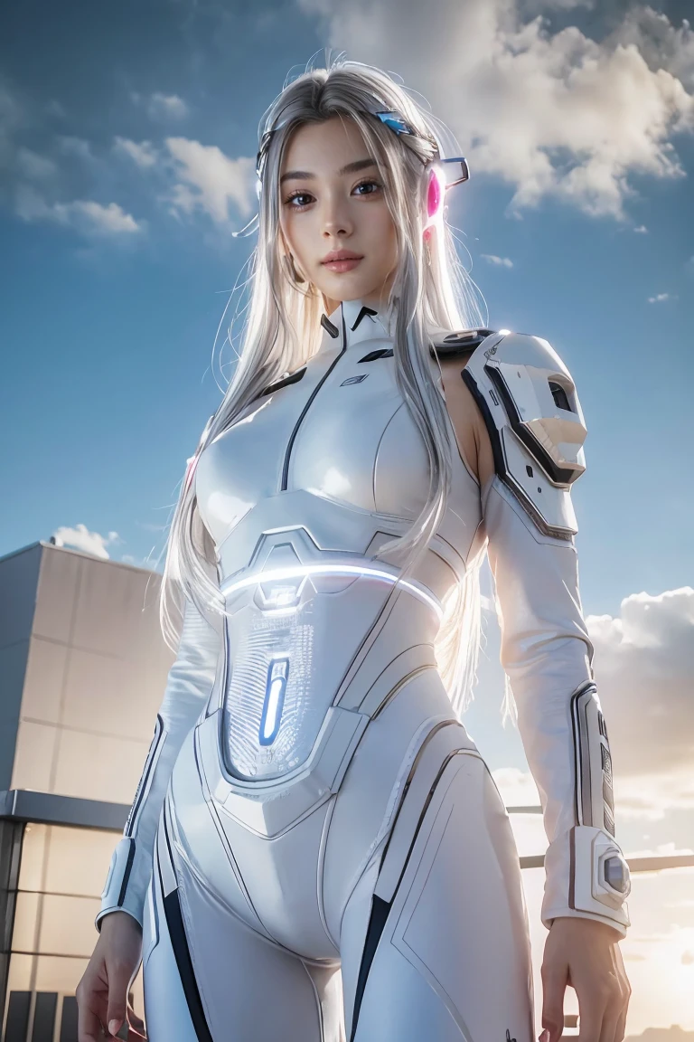 ((masterpiece, best quality, extremely detailed), volumetric lighting, ambient occlusion, colorful, glowing), 
1girl, solo, young girl, (silver hair), long hair, halo, aura, sacred, goddess, cyber suit, (white outfit:1.3), 
outdoors, sunset, sky, clouds, space, (cyberpunk theme:1.2),