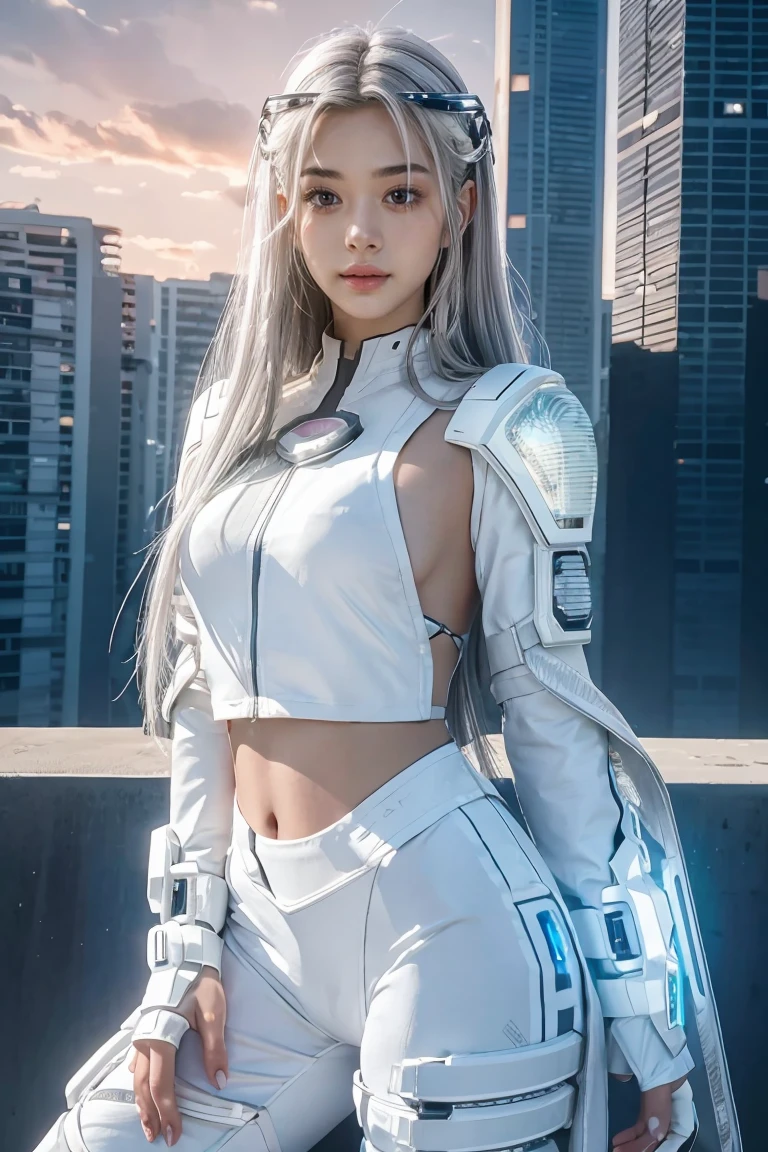 ((masterpiece, best quality, extremely detailed), volumetric lighting, ambient occlusion, colorful, glowing), 
1girl, solo, young girl, (silver hair), long hair, halo, aura, sacred, goddess, cyber suit, (white outfit:1.3), 
outdoors, sunset, sky, clouds, space, (cyberpunk theme:1.2),