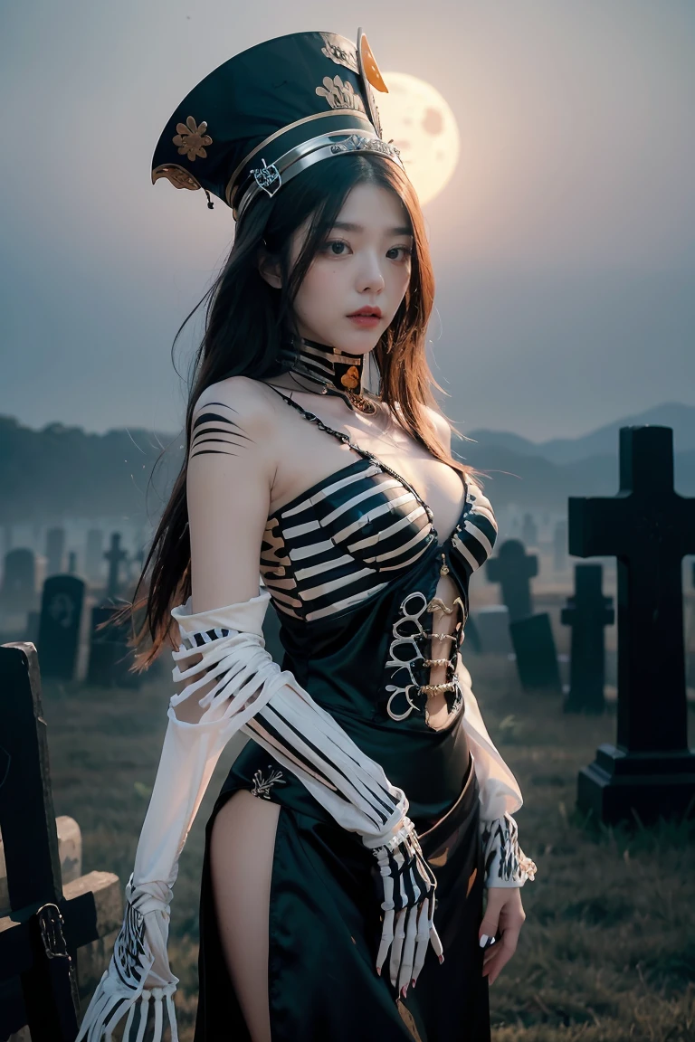 mulher arafiada em uma fantasia de esqueleto com um chapéu na cabeça, aprimorar onna esqueleto gueixa, garota esqueleto, xuehan, deusa da morte, deusa da morte in a graveyard, inspirado em Xie Huan, estilo de arte misterioso, Rainha Esqueleto Santa, Lulu Chen, estilo de arte do dia das bruxas, Jinna Zhang, wenfei você, 2d cg