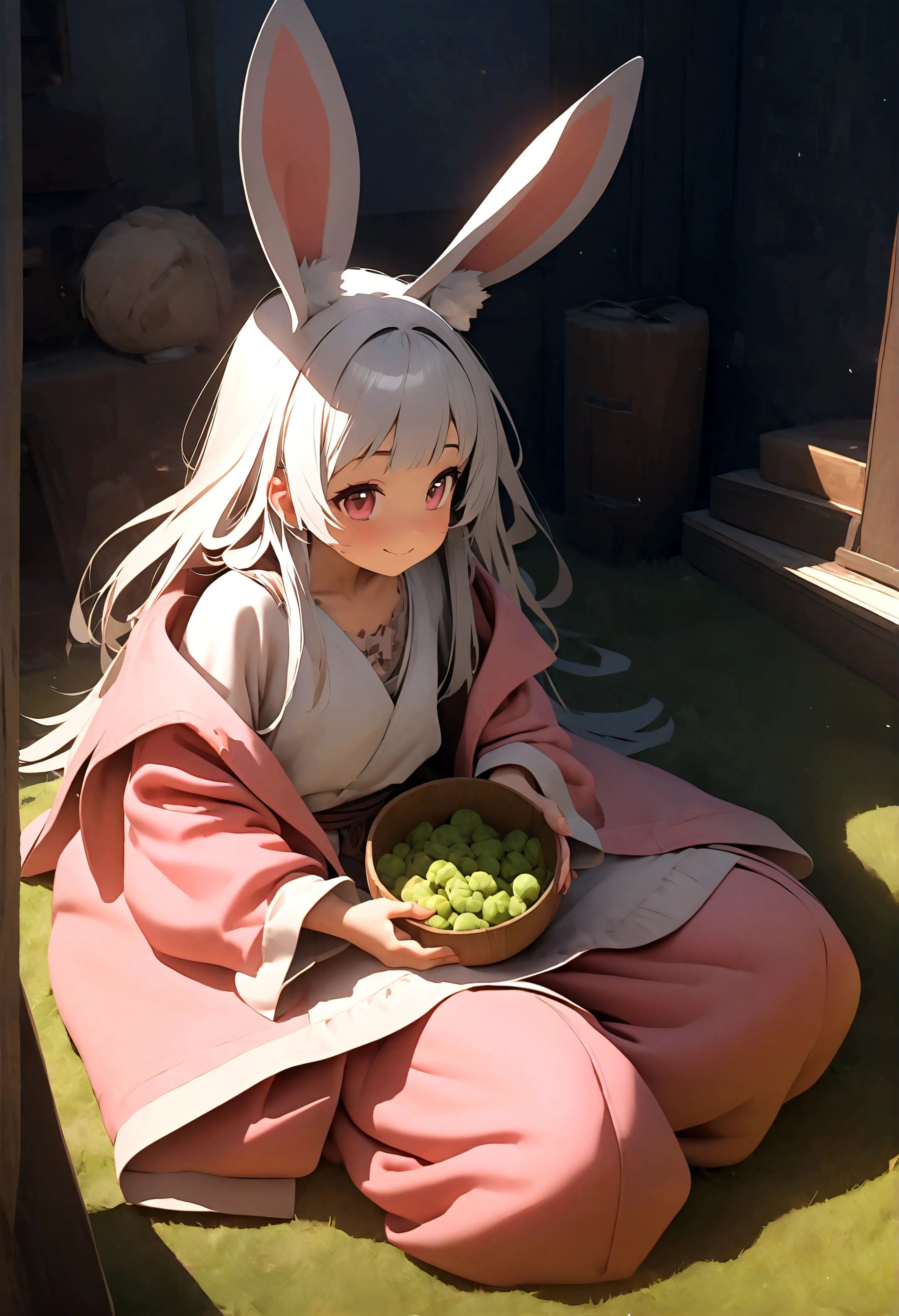 Nanaki\(Made in Abyss,male,Lovely,hairy,have,Rabbit ears,Silver Hair,long hair,Baggy pants,Tail,Smile\)Sitting and eating weird food,Beautiful nature, You can see strange and chaotic large animals from far away,, rest ,quality\(8K,wallpaper of extremely de...