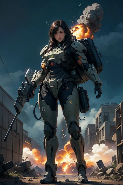 1 girl, black long hair, wearing mecha battle armor, heavy backpack, shoot and run, fullbody shot, holding and shoot big weapon,...
