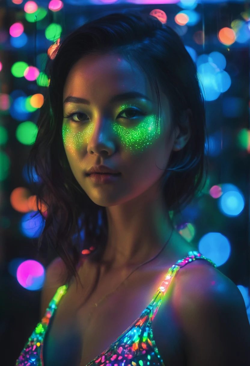 full portrait unique photography with light and painting. Using colorful Fluorescent materials to form pointillism that are implemented on the cute japanese women face with dynamic pose. Phosphorescent materials store light and release it slowly. The Face behind a Glass, glow in the dark, CD prism lensflare effect, dynamic macro portrait shot, Ultra highly detailed, skin texture,  neon glow backround, Realistic Portrait by Arnau Mas