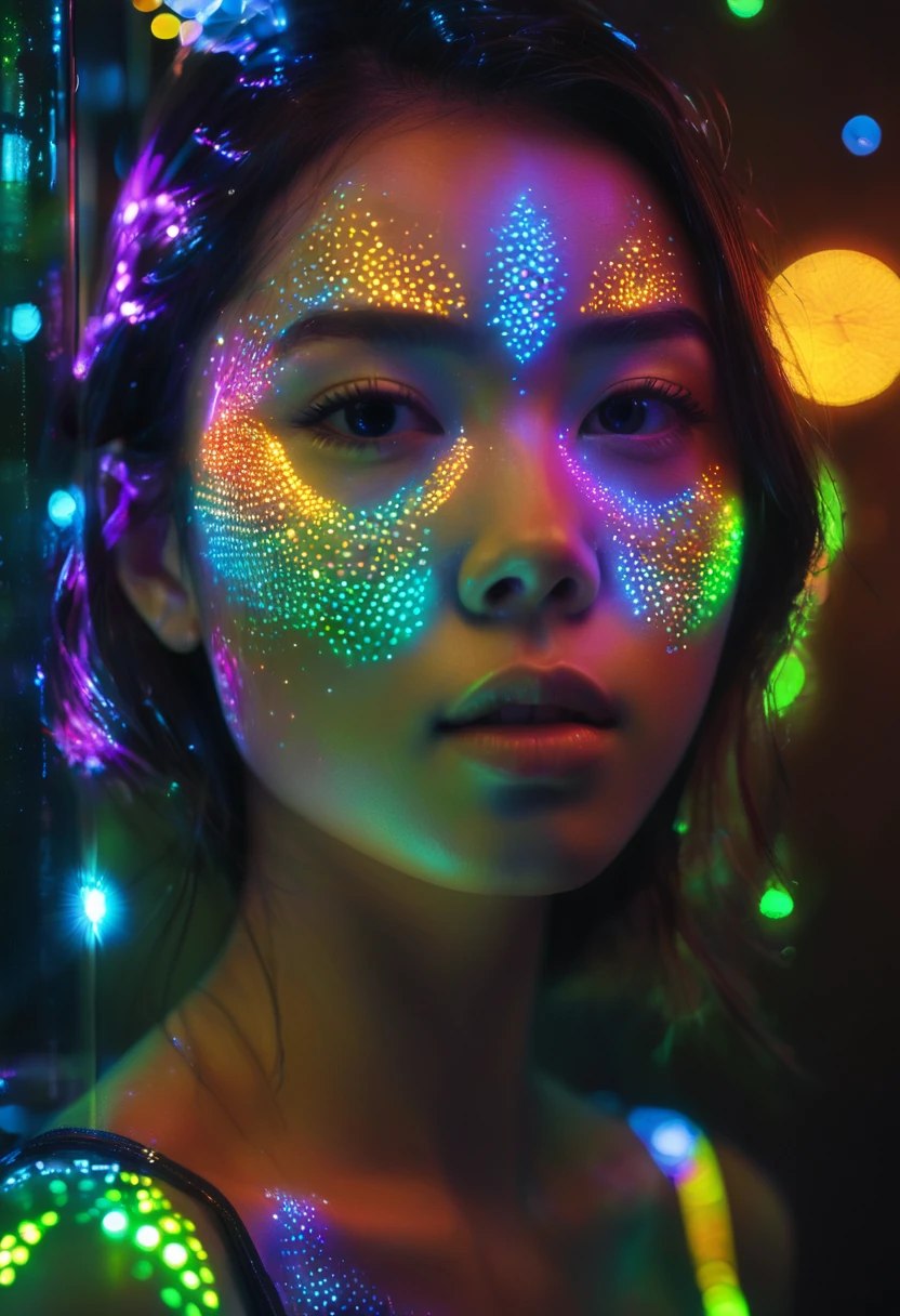 full portrait unique photography with light and painting. Using colorful Fluorescent materials to form pointillism that are implemented on the cute japanese women face with dynamic pose. Phosphorescent materials store light and release it slowly. The Face behind a Glass, glow in the dark, CD prism lensflare effect, dynamic macro portrait shot, Ultra highly detailed, skin texture,  neon glow backround, Realistic Portrait by Arnau Mas