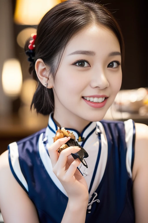 (a gorgeous lady and her twin sister, age 18, wearing traditional white Qipao, Black CheongSam, eating Chicken Rice, dimpled smile, short bob hair, ponytail, cute snaggleteeth, well-endowed round bosom, smooth porcelain skin, detailed face, beautiful detailed eyes, photorealistic, hyper-realism, high contrast, ultra HD, realistic skin texture, top image quality, top-quality, super high resolution, fine details, very meticulously, bokeh background, head to thigh, Close-up shot)