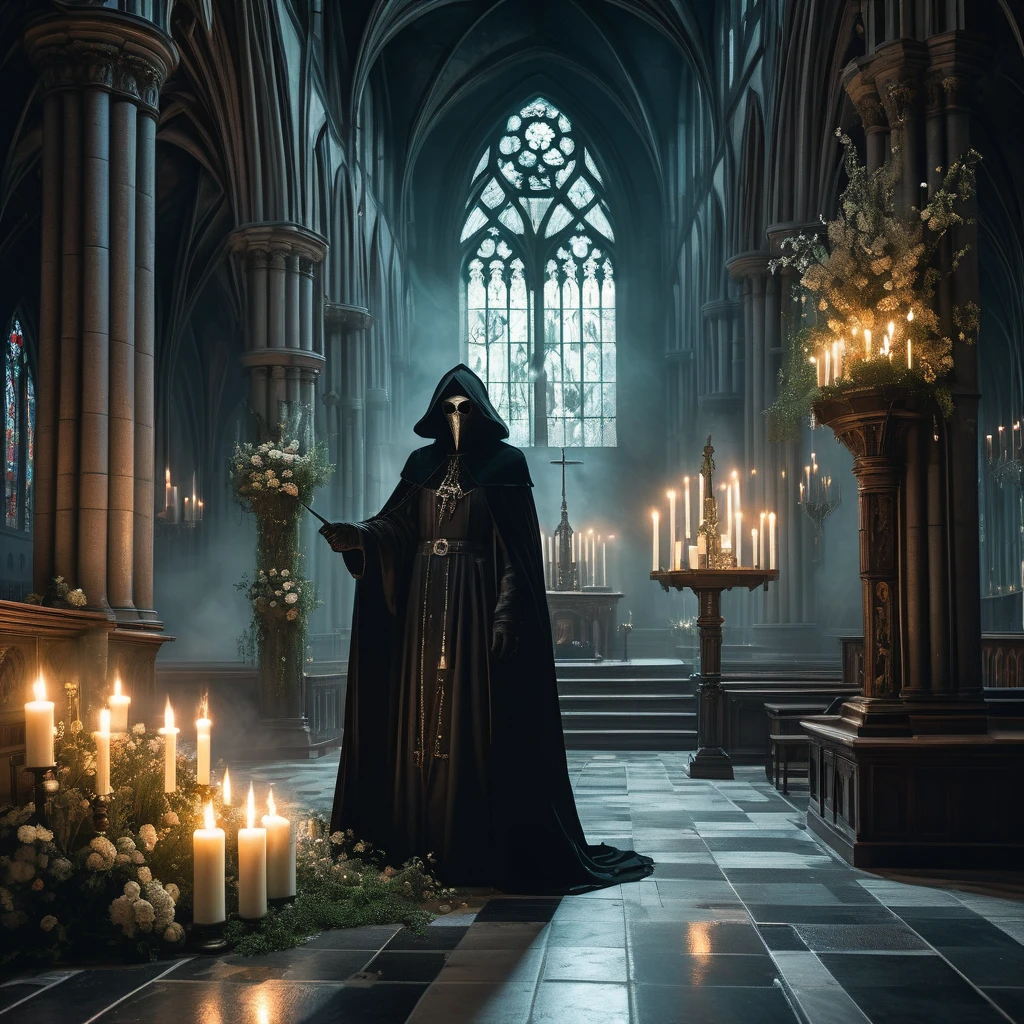 Imagine a medieval dark fantasy scene where a plague doctor stands alone amidst the haunting silence of an empty cathedral. Clad in a long, black robe that sweeps the stone floor, the doctor's attire is adorned with ominous bird-like mask, its beak elongated and filled with fragrant herbs to ward off the stench of sickness and death. The mask's glass lenses gleam faintly with an eerie, reflective light, casting unsettling shadows across the vaulted ceilings and towering stained glass windows depicting scenes of divine judgment and salvation.

Around the doctor, the cathedral's grandeur is juxtaposed with an air of desolation—pews draped with dusty cobwebs, candles burned down to their last embers, and an altar adorned with wilted flowers and faded tapestries. Sunlight filters through the ornate windows, casting ethereal beams that dance upon the doctor's gloved hands, where vials of potent elixirs and curative tinctures hang from a leather belt.

The air is thick with the scent of incense and decay, mingling with the doctor's soft footsteps as they move with purposeful strides across the cold, stone floor. Their presence evokes a sense of solemn duty and quiet resolve amidst the lingering shadows of sickness and despair. Capture the somber yet enigmatic essence of this plague doctor in the medieval dark fantasy world, where the boundaries between healing and mortality blur in the face of an insidious plague.