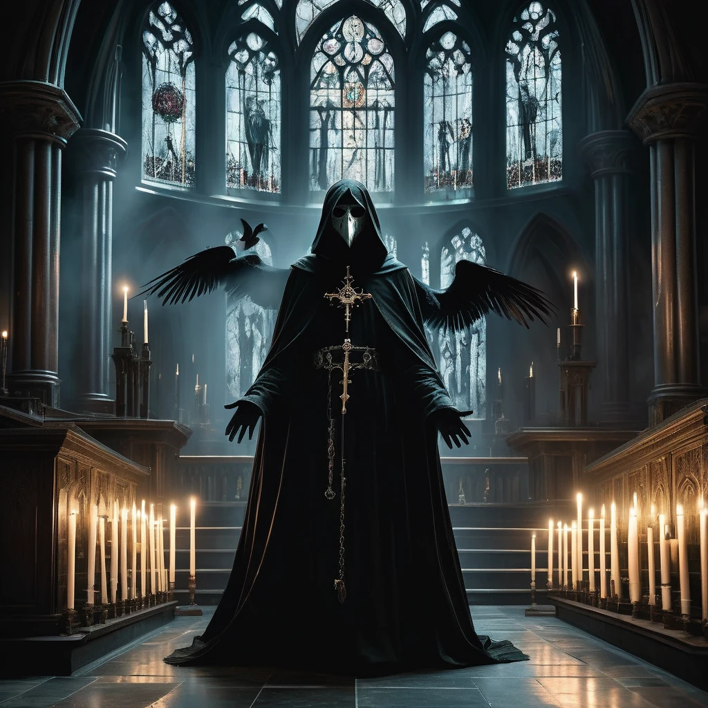 Imagine a medieval dark fantasy scene where a plague doctor stands alone amidst the haunting silence of an empty cathedral. Clad in a long, black robe that sweeps the stone floor, the doctor's attire is adorned with ominous bird-like mask, its beak elongated and filled with fragrant herbs to ward off the stench of sickness and death. The mask's glass lenses gleam faintly with an eerie, reflective light, casting unsettling shadows across the vaulted ceilings and towering stained glass windows depicting scenes of divine judgment and salvation.

Around the doctor, the cathedral's grandeur is juxtaposed with an air of desolation—pews draped with dusty cobwebs, candles burned down to their last embers, and an altar adorned with wilted flowers and faded tapestries. Sunlight filters through the ornate windows, casting ethereal beams that dance upon the doctor's gloved hands, where vials of potent elixirs and curative tinctures hang from a leather belt.

The air is thick with the scent of incense and decay, mingling with the doctor's soft footsteps as they move with purposeful strides across the cold, stone floor. Their presence evokes a sense of solemn duty and quiet resolve amidst the lingering shadows of sickness and despair. Capture the somber yet enigmatic essence of this plague doctor in the medieval dark fantasy world, where the boundaries between healing and mortality blur in the face of an insidious plague.