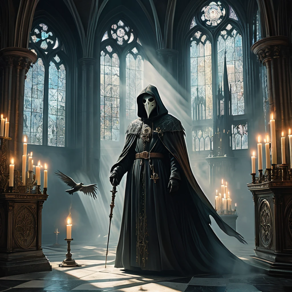 Imagine a medieval dark fantasy scene where a plague doctor stands alone amidst the haunting silence of an empty cathedral. Clad in a long, black robe that sweeps the stone floor, the doctor's attire is adorned with ominous bird-like mask, its beak elongated and filled with fragrant herbs to ward off the stench of sickness and death. The mask's glass lenses gleam faintly with an eerie, reflective light, casting unsettling shadows across the vaulted ceilings and towering stained glass windows depicting scenes of divine judgment and salvation.

Around the doctor, the cathedral's grandeur is juxtaposed with an air of desolation—pews draped with dusty cobwebs, candles burned down to their last embers, and an altar adorned with wilted flowers and faded tapestries. Sunlight filters through the ornate windows, casting ethereal beams that dance upon the doctor's gloved hands, where vials of potent elixirs and curative tinctures hang from a leather belt.

The air is thick with the scent of incense and decay, mingling with the doctor's soft footsteps as they move with purposeful strides across the cold, stone floor. Their presence evokes a sense of solemn duty and quiet resolve amidst the lingering shadows of sickness and despair. Capture the somber yet enigmatic essence of this plague doctor in the medieval dark fantasy world, where the boundaries between healing and mortality blur in the face of an insidious plague.