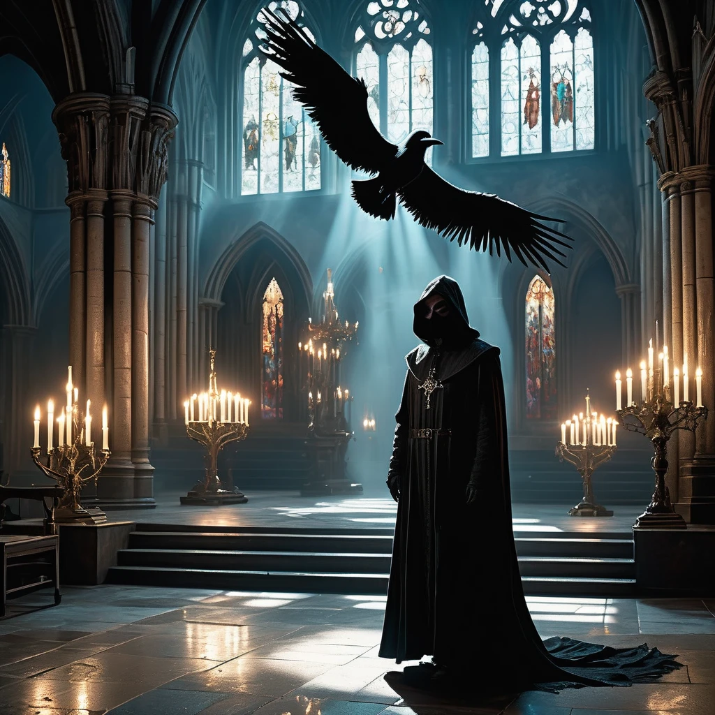 Imagine a medieval dark fantasy scene where a plague doctor stands alone amidst the haunting silence of an empty cathedral. Clad in a long, black robe that sweeps the stone floor, the doctor's attire is adorned with ominous bird-like mask, its beak elongated and filled with fragrant herbs to ward off the stench of sickness and death. The mask's glass lenses gleam faintly with an eerie, reflective light, casting unsettling shadows across the vaulted ceilings and towering stained glass windows depicting scenes of divine judgment and salvation.

Around the doctor, the cathedral's grandeur is juxtaposed with an air of desolation—pews draped with dusty cobwebs, candles burned down to their last embers, and an altar adorned with wilted flowers and faded tapestries. Sunlight filters through the ornate windows, casting ethereal beams that dance upon the doctor's gloved hands, where vials of potent elixirs and curative tinctures hang from a leather belt.

The air is thick with the scent of incense and decay, mingling with the doctor's soft footsteps as they move with purposeful strides across the cold, stone floor. Their presence evokes a sense of solemn duty and quiet resolve amidst the lingering shadows of sickness and despair. Capture the somber yet enigmatic essence of this plague doctor in the medieval dark fantasy world, where the boundaries between healing and mortality blur in the face of an insidious plague.