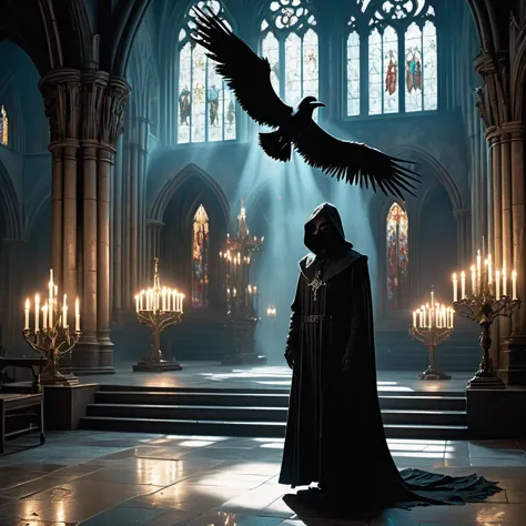 Imagine a medieval dark fantasy scene where a plague doctor stands alone amidst the haunting silence of an empty cathedral. Clad...