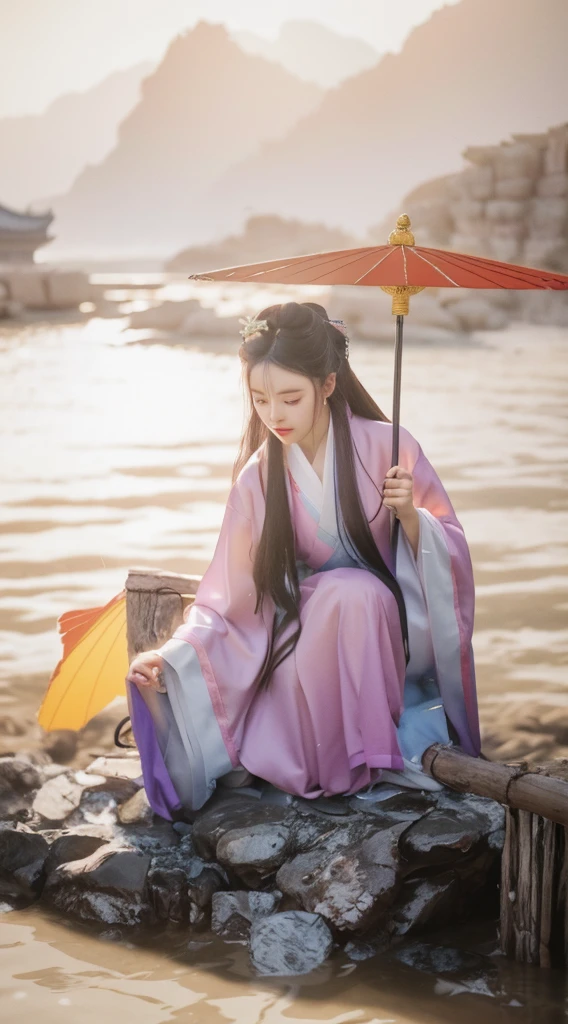 A woman wearing ancient Chinese clothing sits on a rock，Holding an umbrella, White Hanfu, palace ， A girl in Hanfu, Hanfu, Wearing ancient Chinese clothes, Long flowing hair and robes, Wearing a robe, Wearing Chinese clothing, zhang daqian, Beautiful images, Inspired by Gu An, xianxia fantasy, Chinese traditional clothing