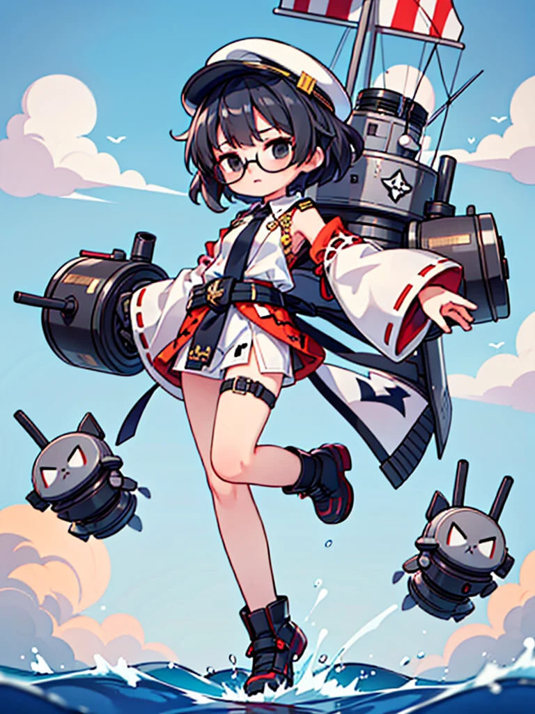 ((((Full body of a woman with perfect flat chest、solo、Short unkempt black hair、Tie your messy hair at the nape of your neck、white military jacket、Miko costume、tights、Black glasses、White military cap、Cloudy black eyes、Sleepy expression)))), (((masterpiece))), (((Shipgirl))), ((Floating on the morning sea with both feet)), (Spread your legs wide open), (Hold the turret with your right hand), (Mechanical arms extending from the waist are used to equip the ship with battleship equipment.), (Equipped with a turret on the back), (Holds the turret with his left arm), Shotgun shells are attached to the thigh with a belt, Spreading the Machine&#39;s Wings, Machine tail,  shotgun, 