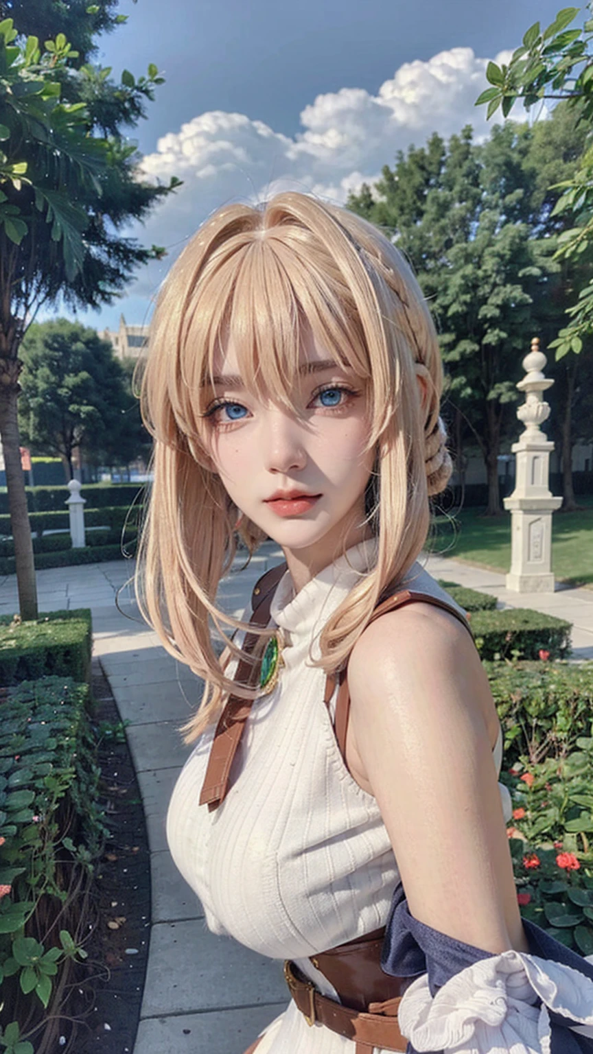 ((best quality)), ((masterpiece)), (detailed), perfect face, pretty face, beautiful female, beautiful body, e cup breast, perfect body, head accessories, sleeveless sweater, blue eyes, violet_evergarden, at the park