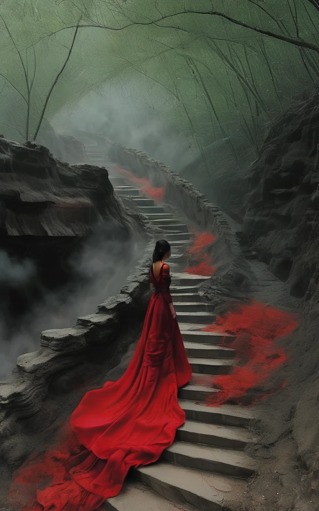 (masterpiece, best quality:1.2), 1girl, solo，front view，walking down a hell，walkwoman in black and red