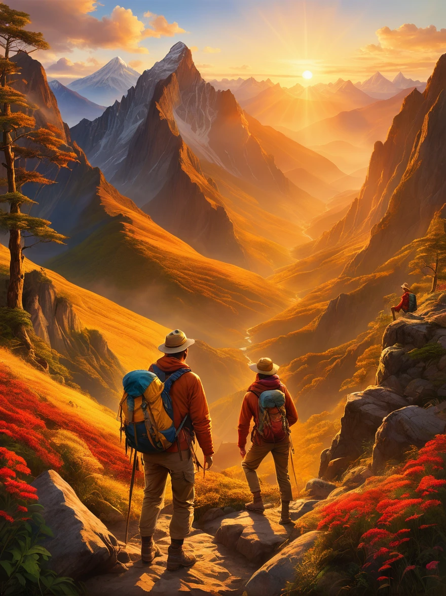 An expressive image that captures the emotion of an adventure filled with heartfelt moments. Imagine a scene where a group of explorers of various descents and genders experiencing a beautiful sunrise after a tough hike. They are standing at the mountain peak, their faces glow with joy and satisfaction. They are closer than ever, their bond forged by shared hardships and little victories. In the background, the rising sun casts a warm, golden light on the surrounding landscape, painting an exquisite picture of natural beauty and tranquility. There is a sense of accomplishment and deep connection between the adventurers, a moment they will cherish forever