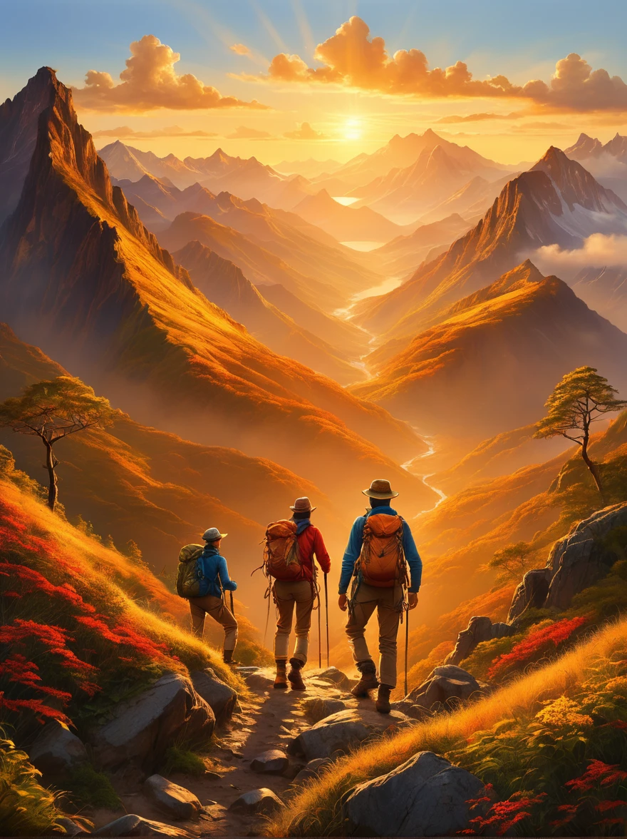 An expressive image that captures the emotion of an adventure filled with heartfelt moments. Imagine a scene where a group of explorers of various descents and genders experiencing a beautiful sunrise after a tough hike. They are standing at the mountain peak, their faces glow with joy and satisfaction. They are closer than ever, their bond forged by shared hardships and little victories. In the background, the rising sun casts a warm, golden light on the surrounding landscape, painting an exquisite picture of natural beauty and tranquility. There is a sense of accomplishment and deep connection between the adventurers, a moment they will cherish forever