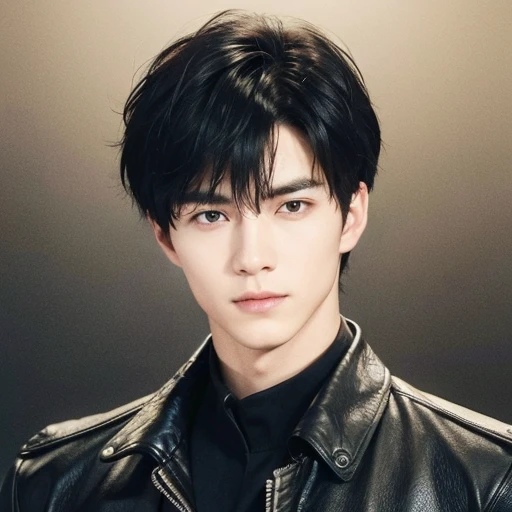 at office，wearing black leather coat，two block haircut, Attractive man，Live-action photo，Handsome and sunny，（SLR effect，Reality，8K，Hyper-detailing，Absolute realism）