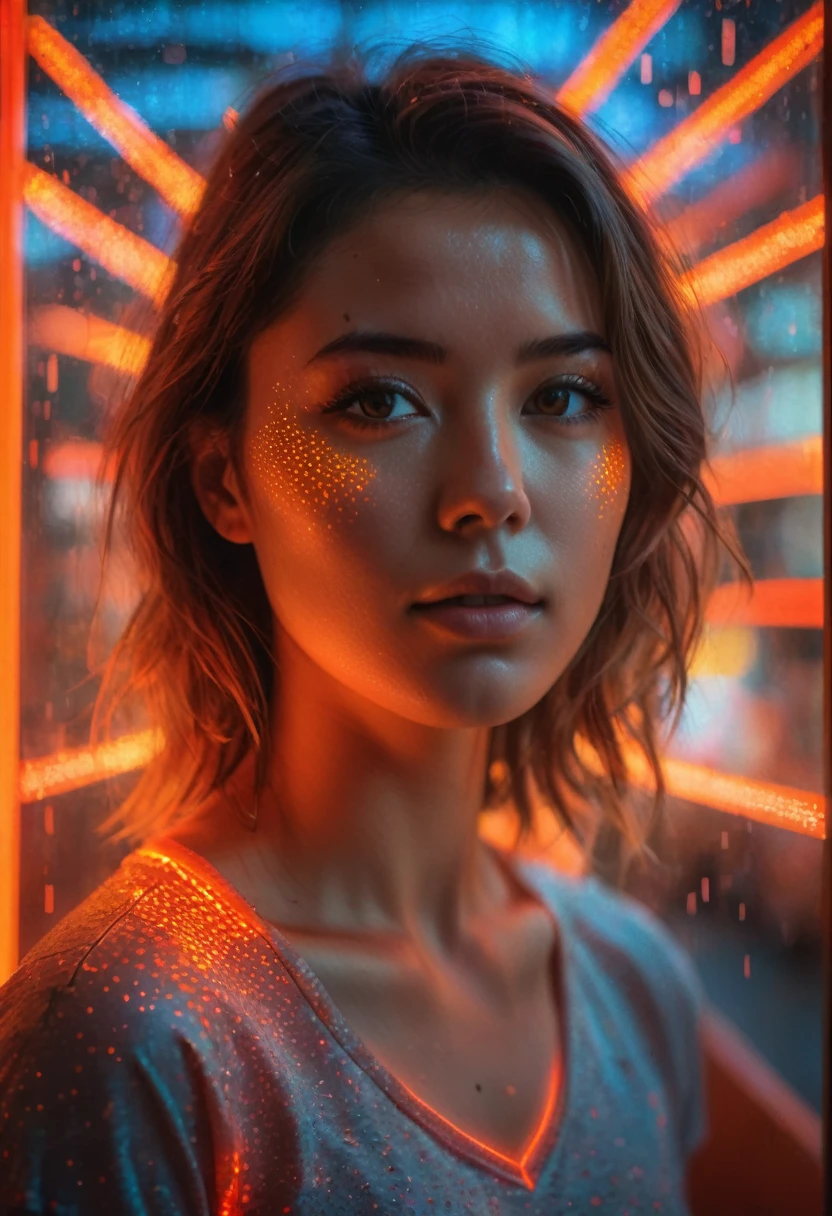 full portrait unique photography with light and painting. Using red and orange Fluorescent materials to form pointillism that are implemented on the cute japanese women face wearing german national foot ball tshirt with dynamic pose, The Face behind a reflected Glass, glow in the dark, german flag color prism lensflare effect, dynamic macro portrait shot, Ultra highly detailed, skin texture,  neon glow backround, Realistic Portrait by Arnau Mas