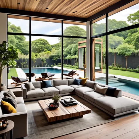 design a luxurious and modern living room with large floor-to-ceiling windows that offer a stunning view of an outdoor pool and ...