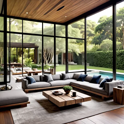 Create a sophisticated and stylish living space that seamlessly integrates indoor and outdoor elements. The living room should i...