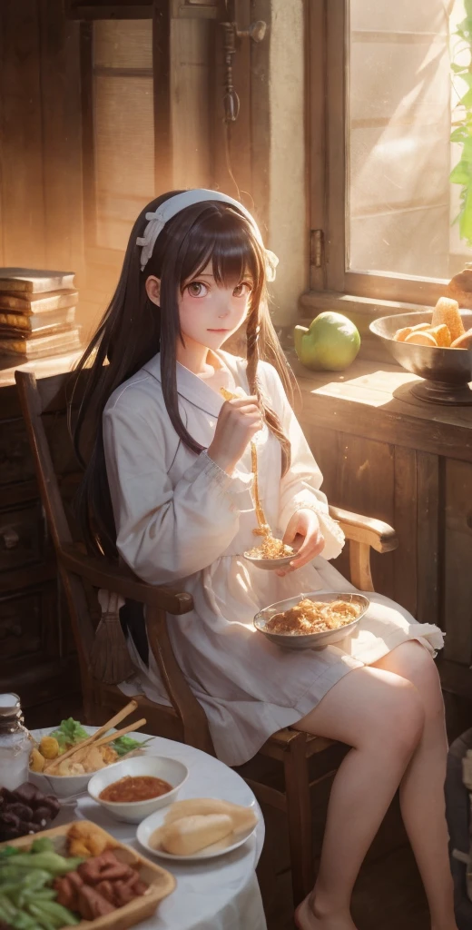 a girl sitting in chair with a bowl of food in her hand, alchemist girl, light novel cover art, official art, epic light novel art cover, official artwork, epic light novel cover art, loli, isekai, , cushart krenz, cushart, cushart krenz key art feminine, shadowverse style, moe