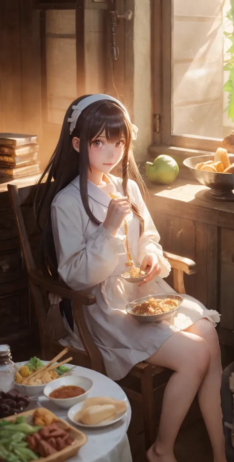 a girl sitting in chair with a bowl of food in her hand, alchemist girl, light novel cover art, official art, epic light novel a...