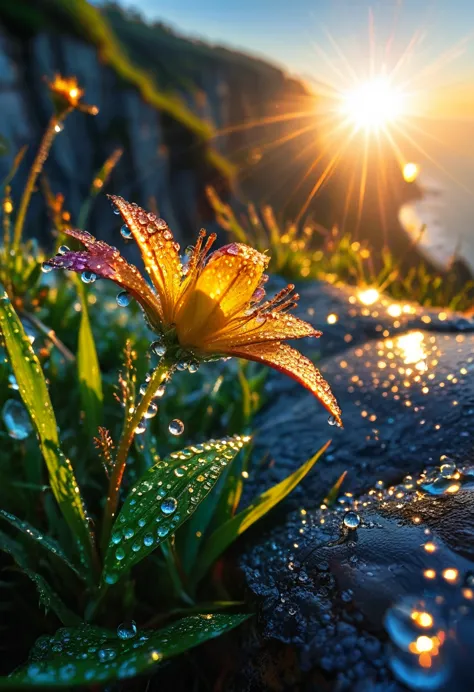 intricate details, detailed, realism,the first rays of sunlight in the morning，dew drops on flowers on the cliff，(sunrise，lens f...