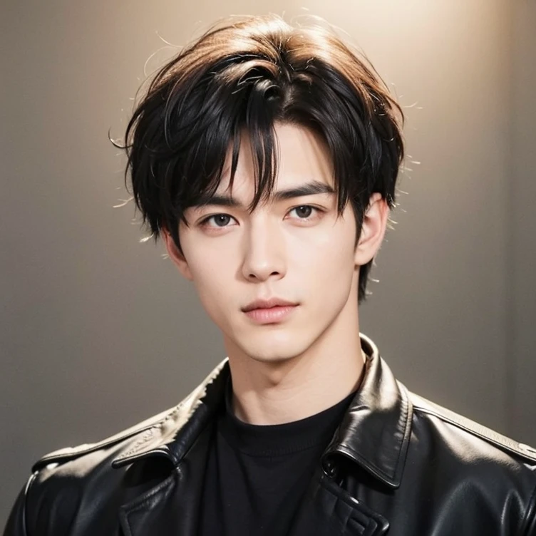 at office，wearing black leather coat，two block haircut, Attractive man，Live-action photo，Handsome and sunny，（SLR effect，Reality，8K，Hyper-detailing，Absolute realism）