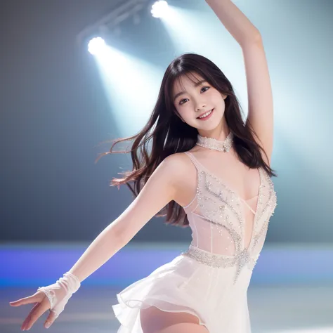 photo-realistic quality、20-year-old japanese idol in a white dress performing a figure skating routine, beautiful japanese model...