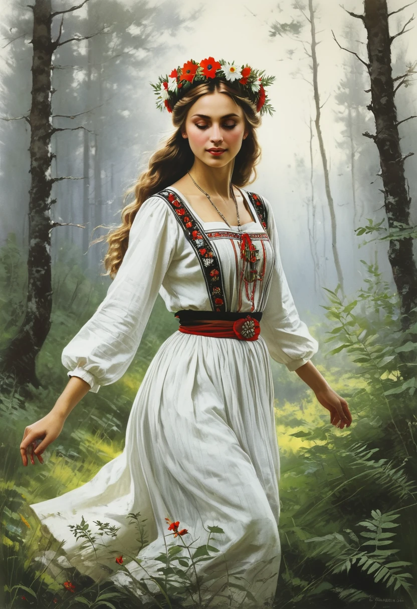 Vintage poster of a beautiful Slavic woman’s face in traditional slavic costume, flower crown, dancing in the forest, realistic style, concept art, Gabriele Dell'otto, Style AI Midjourney,, painting in the style of Anders Zorn, Alexi Brilo, Luisa Royo, Studio Ghibli Genshin Impact