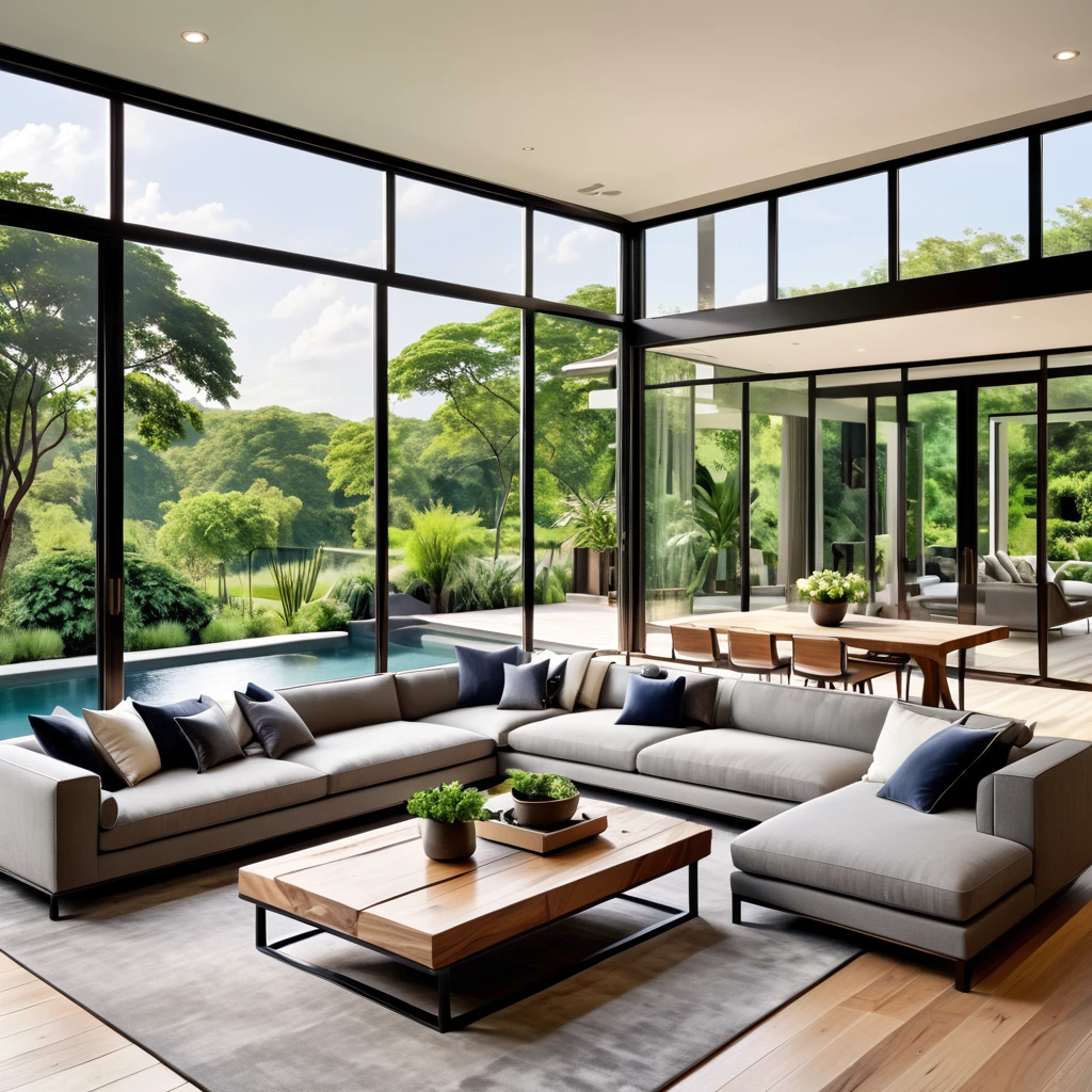 Diseña un elegante y contemporáneo salón con grandes ventanales de cristal que ofrezcan una vista panorámica de una piscina exterior y un exuberante jardín. El espacio debe incluir un gran sofá gris con almohadas decorativas, una llamativa mesa de centro de madera con acabado natural, y una elegante alfombra oscura. Incorpora obras de arte minimalistas en las paredes y combina elementos naturales y modernos a la perfección en toda la habitación. Asegúrate de que el espacio esté lleno de luz natural, creando un brillo, aireado, y ambiente acogedor