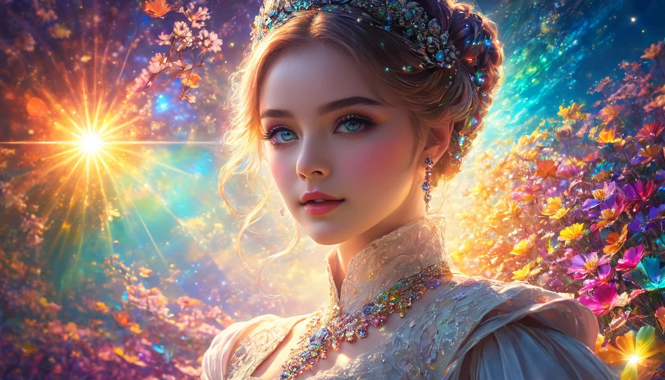 Portrait Photography、{{masterpiece}}, Highest quality, Highly detailed Unity 8k wallpaper, Cinema Lighting, Lens flare, Beautifully detailed room,  Suite room with ocean view, colorful light, particle, Heterochromia iridis, (colorful:1.5), 