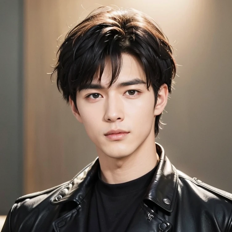 at office，wearing black leather coat，two block haircut, Attractive man，Live-action photo，Handsome and sunny，（SLR effect，Reality，8K，Hyper-detailing，Absolute realism）