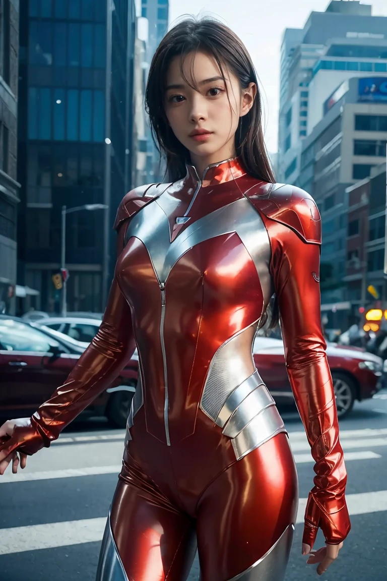 Ultraman、realistic、realistic、cinematic lighting, Girl in a shiny red and silver suit、15 years old、professional photos、Don&#39;Do not expose your skin, japanese model, japanese cgi、Ultraman Suit、, Power Rangers Suit、tight and thin cyber suit,Whole body rubbery、There&#39;s pink There、 delicate body, big breasts、small ass、thin thighs、thin arms、thin waist、camel toe、Both sides of the cyber suit stick to the skin、Big eyes、black short hair、facing the front、facing the front立っている、A glowing sphere is embedded in the chest.、Essay Examination、 blue sky background