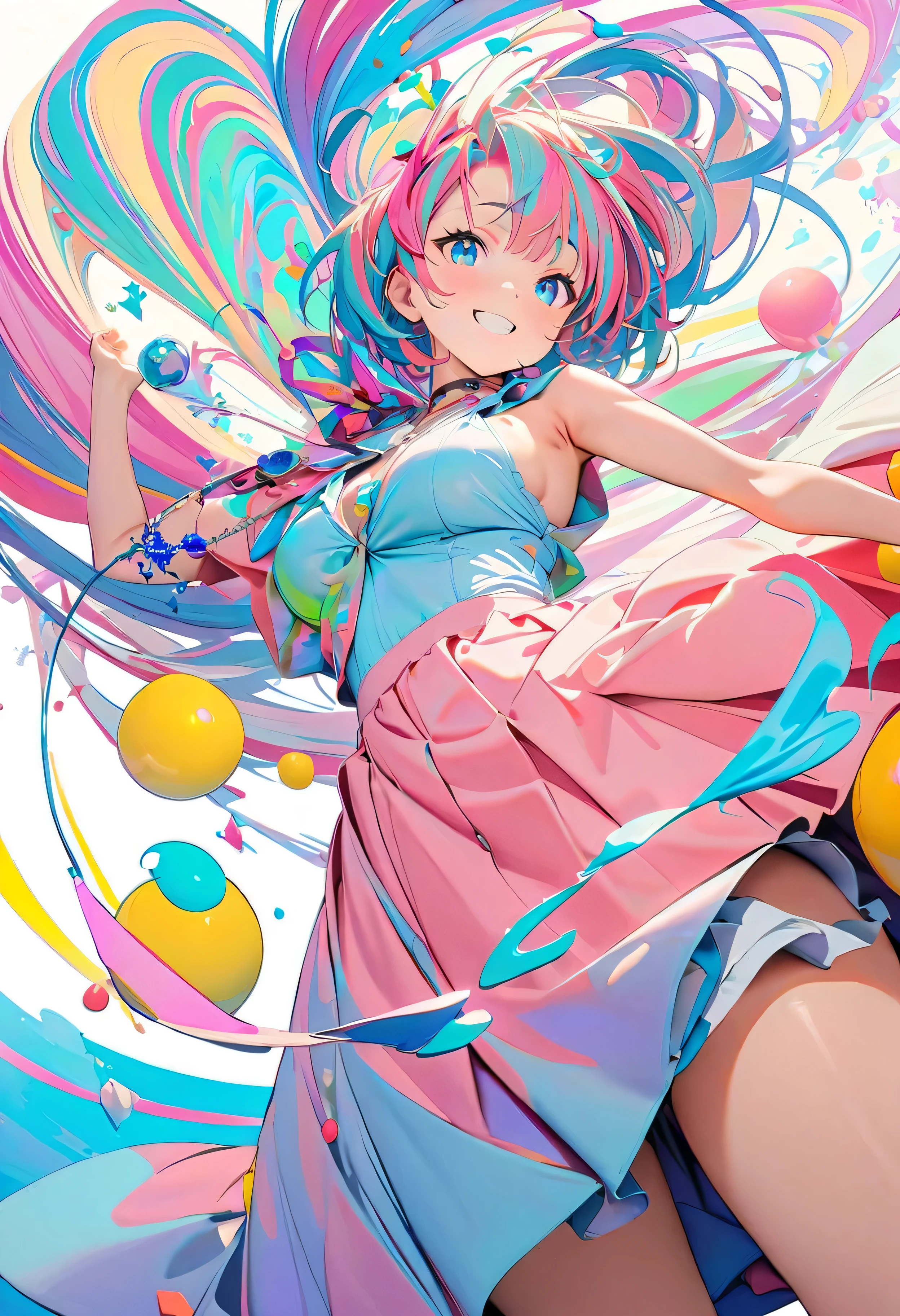 (masterpiece, Highest quality, Official Art:1.2), (colorful), Perfect Anatomy, Looking at the audience,One Girl, alone, White Background, floating colorful water, Ultra-fine illustrations, Highly Details, Dynamic Angle, Beautiful detailed, 8K, 壊す smiling amidst the colorful scenes, (High resolution), Anime Style, (Fractal Art:1.1), pastel colour