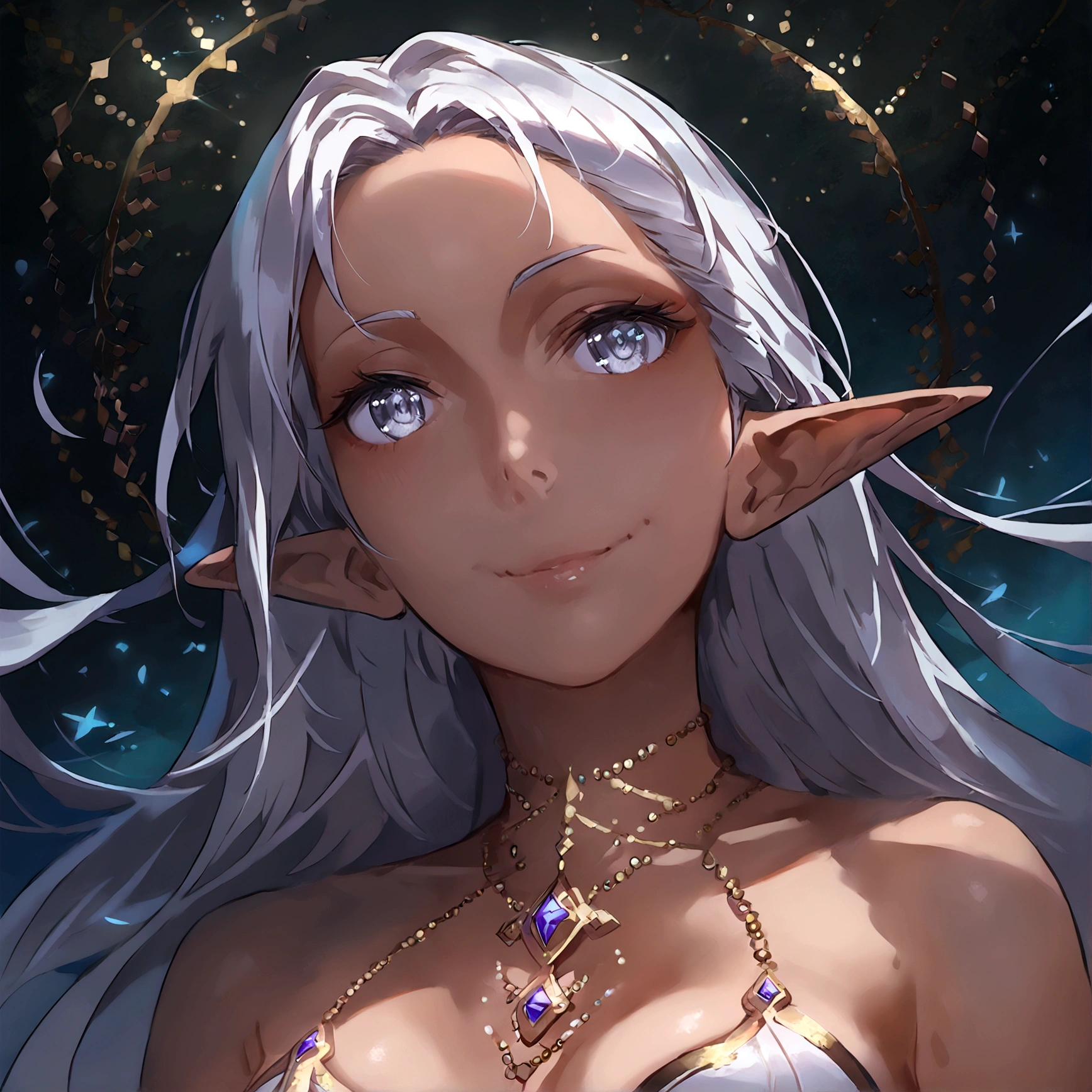 (SFW) elf, dark skin, white hair, mage, (good composition:1.5), reference sheet, (full body, from side, front:1.1), upper body, cartoon, 1woman, a magical dark elf, bright white hair, color theory, detailed, ((looking at viewer)), close on face, long hair, magical fashion, expressive eyes, detailed face, medium breasts, thin waist, long legs, mystical look, semi realistic, glowing magic effects, super happy, soft smile, fantastical, from below, looking up, medium mouth, silver eyes, score_9,score_8_up,score_7_up,very aesthetic, (masterpiece:1.4), portrait chest, (best quality), (colorful), (detailed), dramatic angle, unique perspective, unique angle, comic book angle and perspective, wide angle, color value correction.
