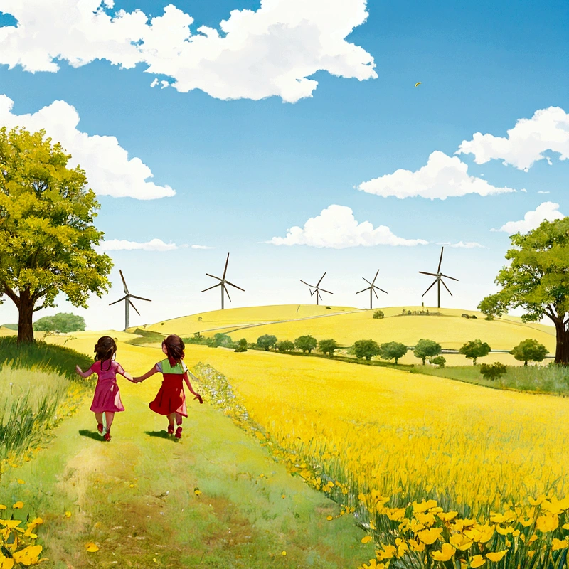 In a bright and cheerful field, two children played joyfully, holding colorful paper windmills. The wind gently spun the windmills as they ran through the tall grass, their laughter echoing in the air. The scene was filled with the essence of childhood innocence, with sunlight casting a warm glow over the idyllic landscape, capturing the pure delight and carefree spirit of their playful adventure.