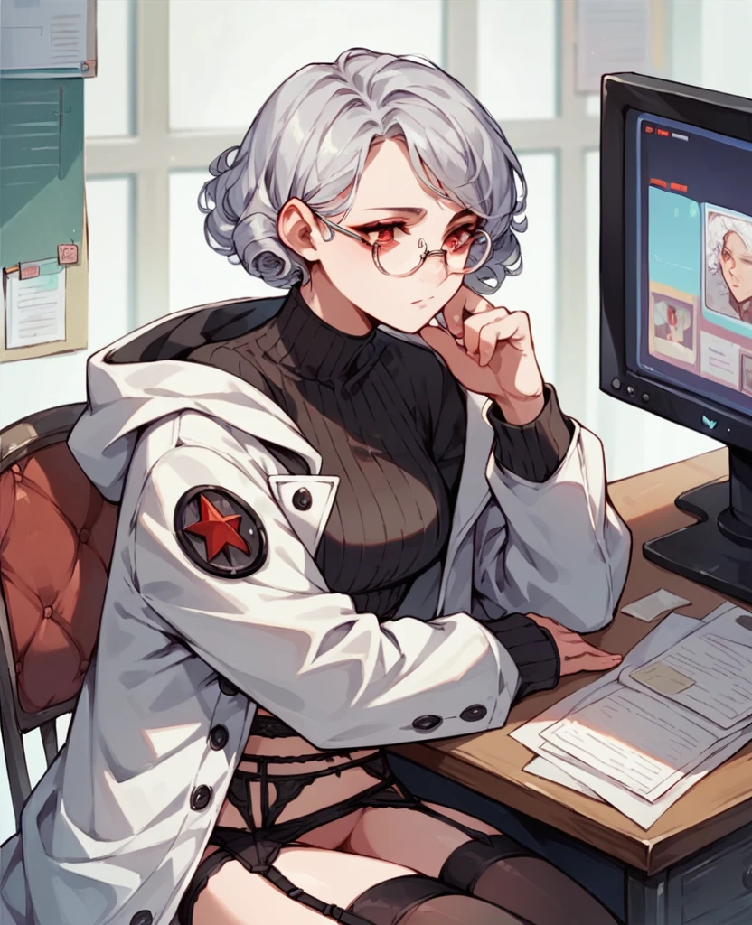 ((Perfect human body)),1girl,Silver Hair,Red eyes,Curly medium short hair,Square glasses,Wearing a large white coat,hoodie,,Dairy-free,garter belt,Sit on a chair,desk,Character portrait,full Art,Large surveillance monitor,computer,Messy desk,Short denim pants,Own coffee,hold one&#39;s head,Tired look