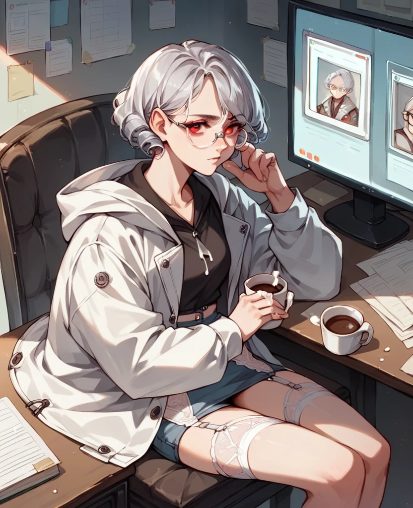 ((Perfect human body)),1girl,Silver Hair,Red eyes,Curly medium short hair,Square glasses,Wearing a large white coat,hoodie,,Dairy-free,garter belt,Sit on a chair,desk,Character portrait,full Art,Large surveillance monitor,computer,Messy desk,Short denim pants,Own coffee,hold one&#39;s head,Tired look