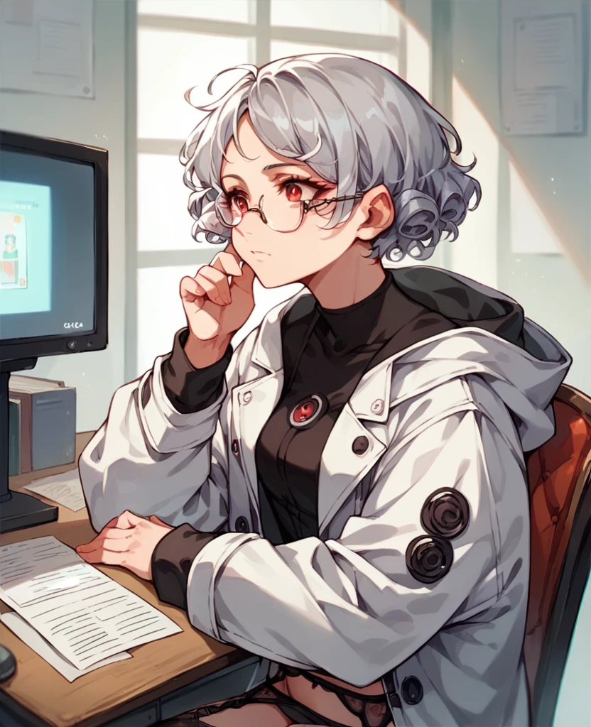 ((Perfect human body)),1girl,Silver Hair,Red eyes,Curly medium short hair,Square glasses,Wearing a large white coat,hoodie,,Dairy-free,garter belt,Sit on a chair,desk,Character portrait,full Art,Large surveillance monitor,computer,Messy desk,Short denim pants,Own coffee,hold one&#39;s head,Tired look