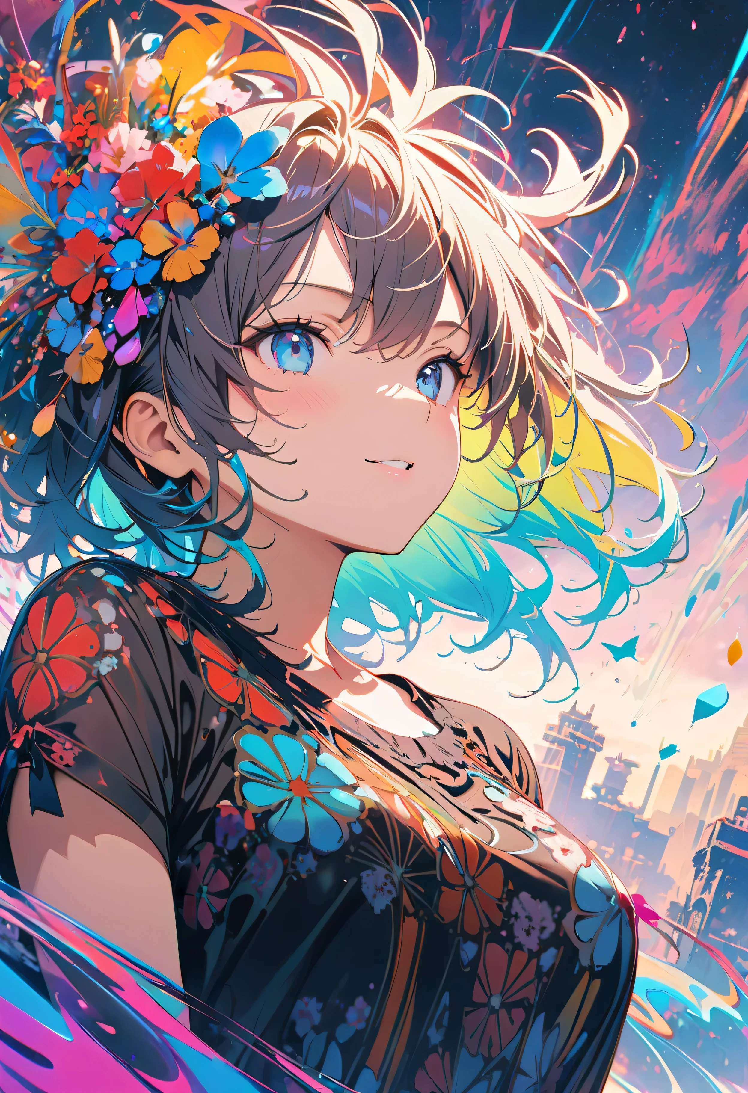 (masterpiece, Highest quality, Official Art:1.2), (colorful), Perfect Anatomy, Looking at the audience,One Girl, alone, White Background, floating colorful water, Ultra-fine illustrations, Highly Details, Dynamic Angle, Beautiful detailed, 8K, 壊す smiling amidst the colorful scenes, (High resolution), Anime Style, (Fractal Art:1.1), pastel colour