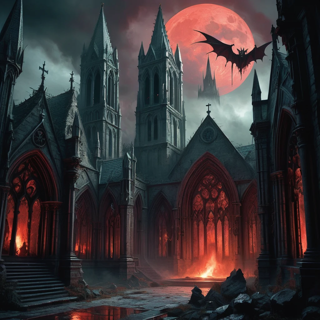 Imagine a medieval dark fantasy scene where gargoyles, ancient guardians of stone, perch atop the weathered spires of a forgotten cathedral. These monstrous creatures, with their grotesque features and wings spanning the breadth of the cathedral's roof, loom ominously against a blood-red sky streaked with lightning.

Carved from stone that bears the weight of centuries, the gargoyles' eyes glow with an eerie, otherworldly light as they survey the desolate city below. Their clawed hands grip the crumbling edges of the cathedral's facade, frozen in poses of eternal vigilance. Moss and lichen cling to their weathered forms, blending with the shadows cast by the flickering torches that line the cobblestone streets.

In the distance, the tolling of a bell echoes through the night, carried on the mournful wail of wind that stirs the tattered banners adorning the cathedral's spires. Below, shadows dance across the overgrown graveyard, where tombstones lean like crooked teeth amidst the mist that clings to the earth.

Capture the haunting and formidable presence of these gargoyles in the medieval dark fantasy world, where legends speak of their role as protectors against malevolent forces and harbingers of impending doom in a realm where the boundary between myth and reality blurs with each passing night.