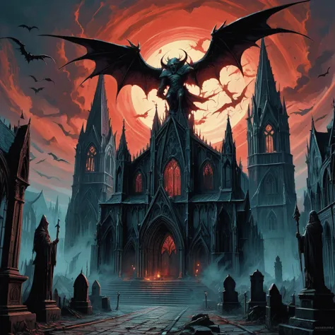 Imagine a medieval dark fantasy scene where gargoyles, ancient guardians of stone, perch atop the weathered spires of a forgotte...