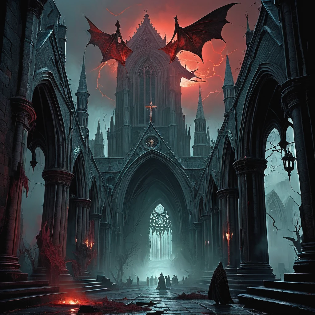 Imagine a medieval dark fantasy scene where gargoyles, ancient guardians of stone, perch atop the weathered spires of a forgotten cathedral. These monstrous creatures, with their grotesque features and wings spanning the breadth of the cathedral's roof, loom ominously against a blood-red sky streaked with lightning.

Carved from stone that bears the weight of centuries, the gargoyles' eyes glow with an eerie, otherworldly light as they survey the desolate city below. Their clawed hands grip the crumbling edges of the cathedral's facade, frozen in poses of eternal vigilance. Moss and lichen cling to their weathered forms, blending with the shadows cast by the flickering torches that line the cobblestone streets.

In the distance, the tolling of a bell echoes through the night, carried on the mournful wail of wind that stirs the tattered banners adorning the cathedral's spires. Below, shadows dance across the overgrown graveyard, where tombstones lean like crooked teeth amidst the mist that clings to the earth.

Capture the haunting and formidable presence of these gargoyles in the medieval dark fantasy world, where legends speak of their role as protectors against malevolent forces and harbingers of impending doom in a realm where the boundary between myth and reality blurs with each passing night.