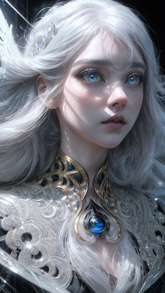 a woman with beautiful detailed eyes, beautiful detailed lips, extremely detailed eyes and face, long eyelashes, golden white hair, blue eyes, black short coat with fur in the neck, futuristic, cinematic lighting, dramatic pose, surreal, digital art, hyper detailed, 8k, best quality, masterpiece, photorealistic