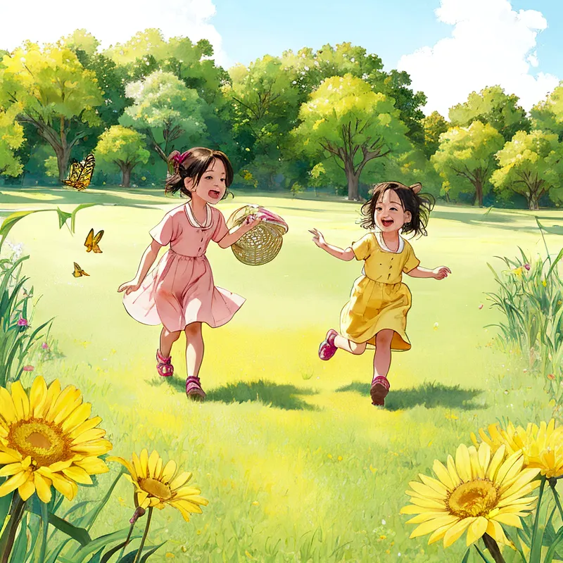 In a bright and cheerful field, two children chased butterflies with small nets. One child ran ahead while the other followed cl...