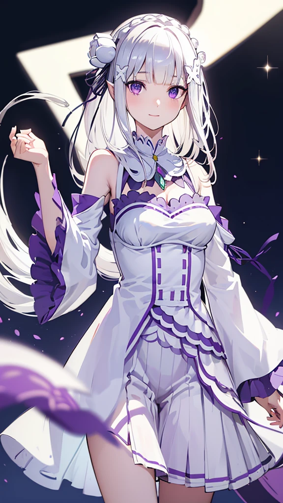 masterpiece, best quality, high resolution, best illustration, super fine illustrationofficial art, anime screencap, detailed beautiful face and eyes, anime keyvisual, (perfect anatomy:1.1), 
1girl,
emilia, 
emilia\(re:zero\),
long hair, low-tied long hair, braid, crown braid, 
white hair, 
(purple eyes:1.2), (beatiful detailed eyes:1.2), 
pointy ears, 
flower, hair flower, hair ornament, hair ribbon, white flower, x hair ornament, 
medium breasts, 
dress, pink dress, bare shoulders, detached collar, long sleeves, shoulder cutout, wide sleeves, white sleeves, 
happy smile, 
looking at viewer, 
cowboy shot, 
standing, 
natural light, 