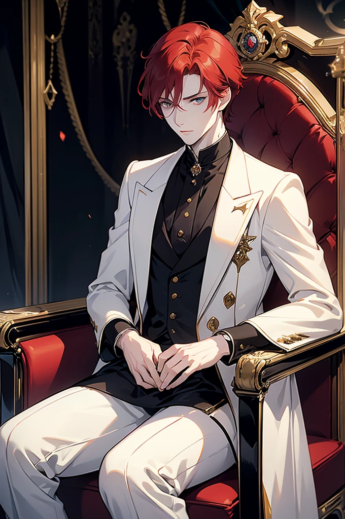 26-year-old man, elegant short red hair and emerald eyes, pale skin, has an arrogant expression, is a former prince, with a white royal suit, very marked features and masculine, is attractive but looks arrogant, is sitting on a throne and looks intimidating, around him there is a dark atmosphere. Anime style like Violet Evergarden and Spy Family.