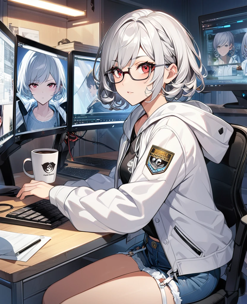 ((Perfect human body)),1girl,Silver Hair,Red eyes,Curly medium short hair,Square glasses,Wearing a large white coat,hoodie,,Dairy-free,garter belt,Sit on a chair,desk,Character portrait,full Art,Large surveillance monitor,computer,Messy desk,Short denim pants,Own coffee,hold one&#39;s head,Tired look